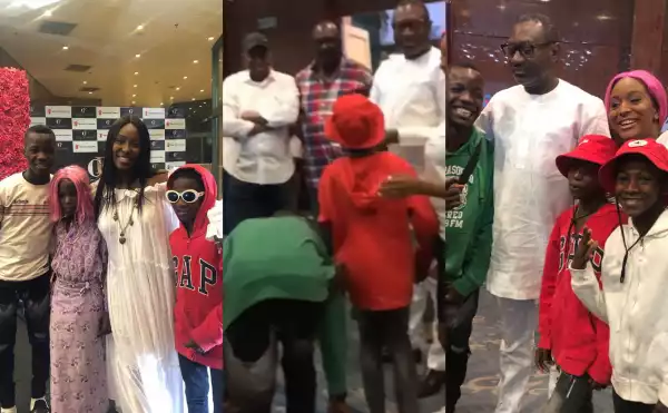 Ikorodu Bois prostrate for Billionaire Femi Otedola at DJ Cuppy’s 27th birthday (Photos & Video)